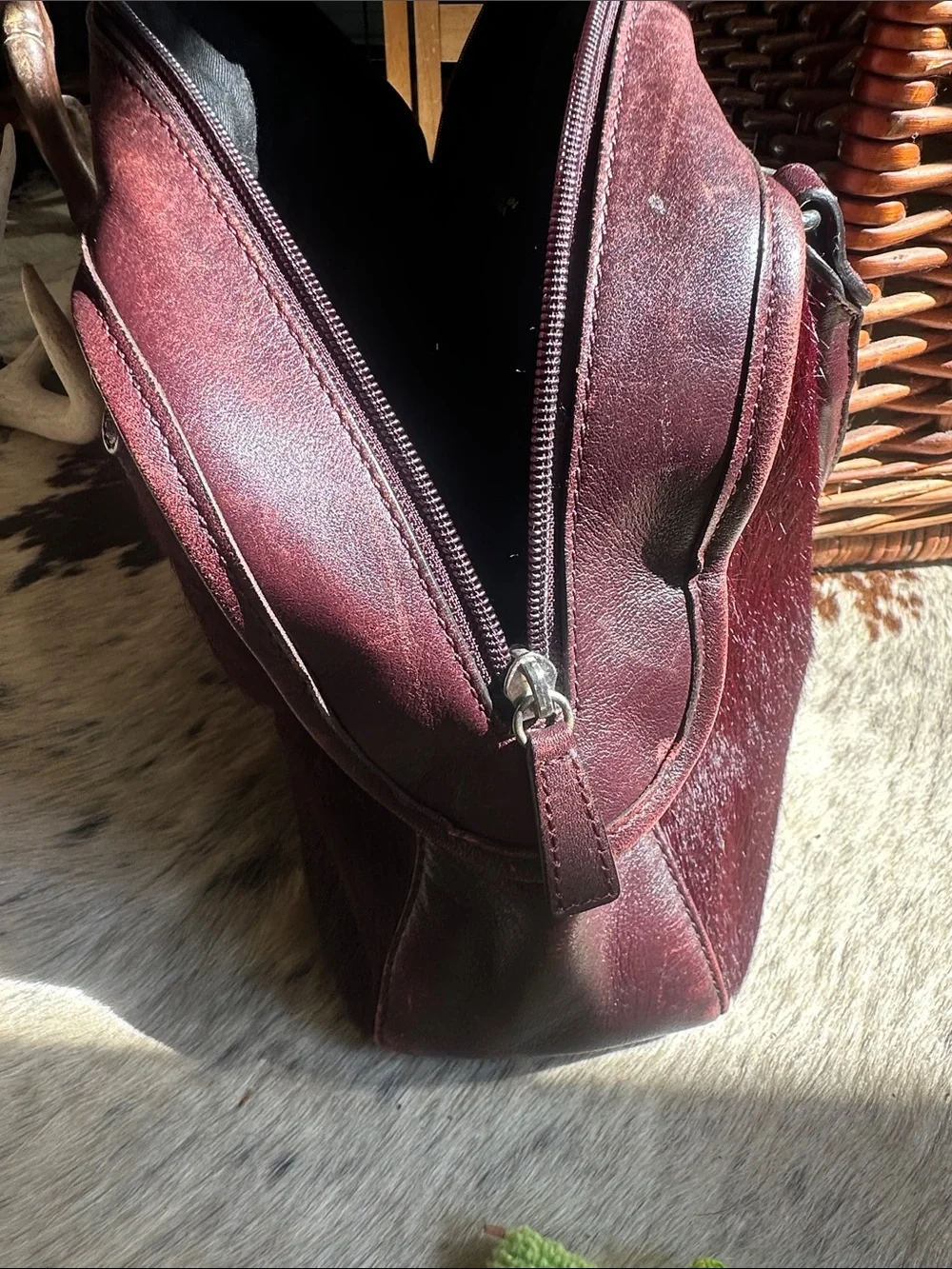 Adrienne Vittadini Deep Burgundy Leather & Haircalf Satchel